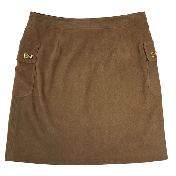 J. McLaughlin Faux Suede Brown Skirt. Gold Tone Turn Lock Accents Pockets. Sz 10 - Picture 5 of 7